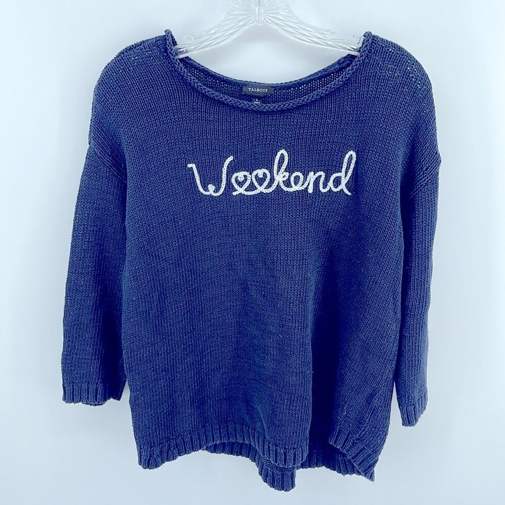 Talbots cotton blend "WEEKEND" wide rolled neck 3/4 sleeve knit sweater sz L